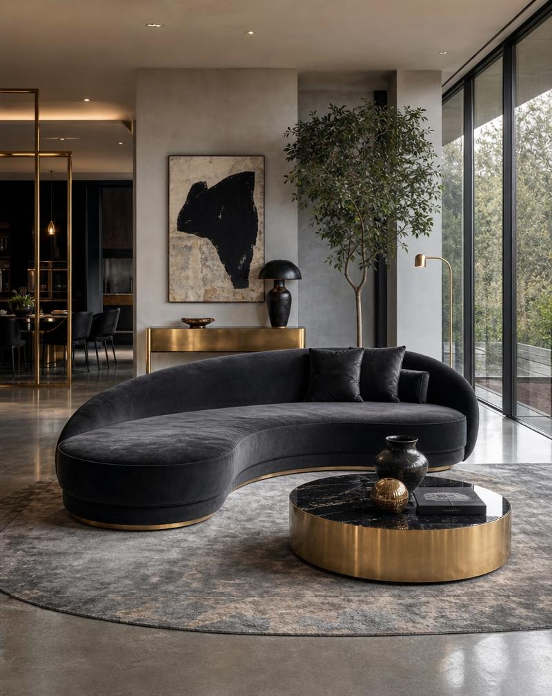 A curved charcoal velvet sectional sofa with brass base in a modern living space.
