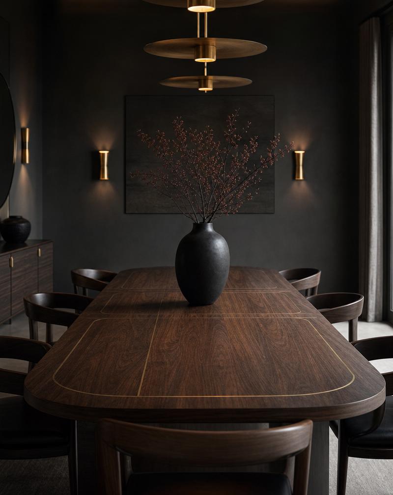 A dark walnut dining table with brass inlay details, set in a moody dining room.