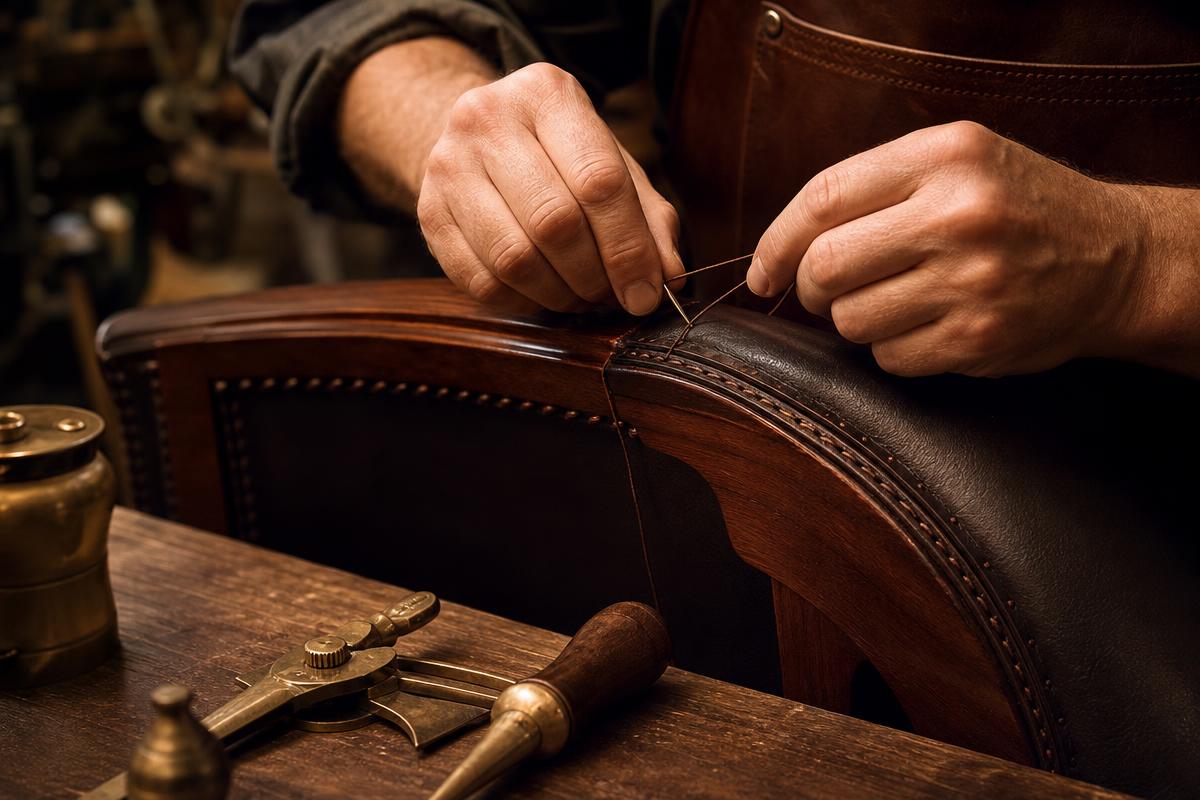 A craftsman hand-stitching dark leather onto a furniture frame in a warm atelier.