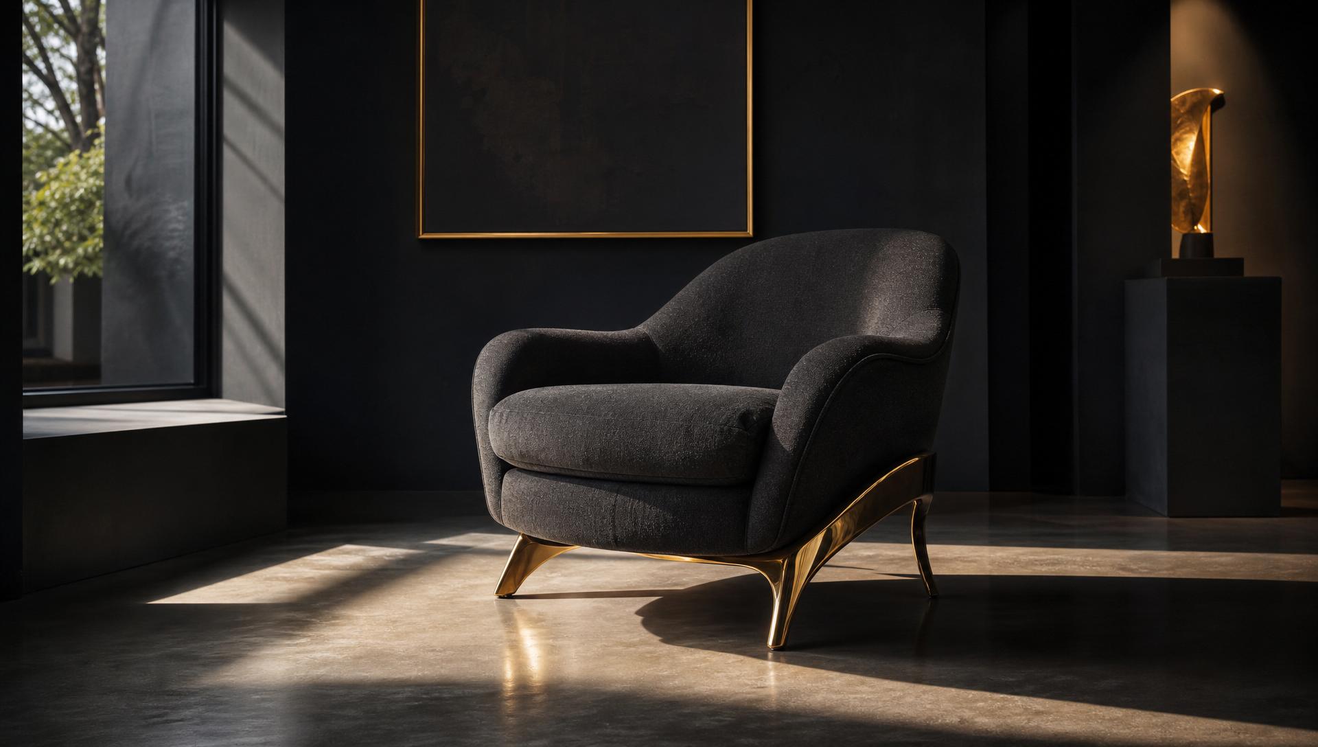 A sculptural bespoke armchair with brass legs in a gallery-like interior.