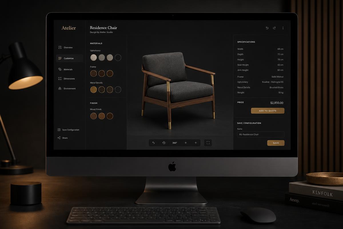 archspecio Studio software interface showing a 3D furniture configurator with material and specification panels.